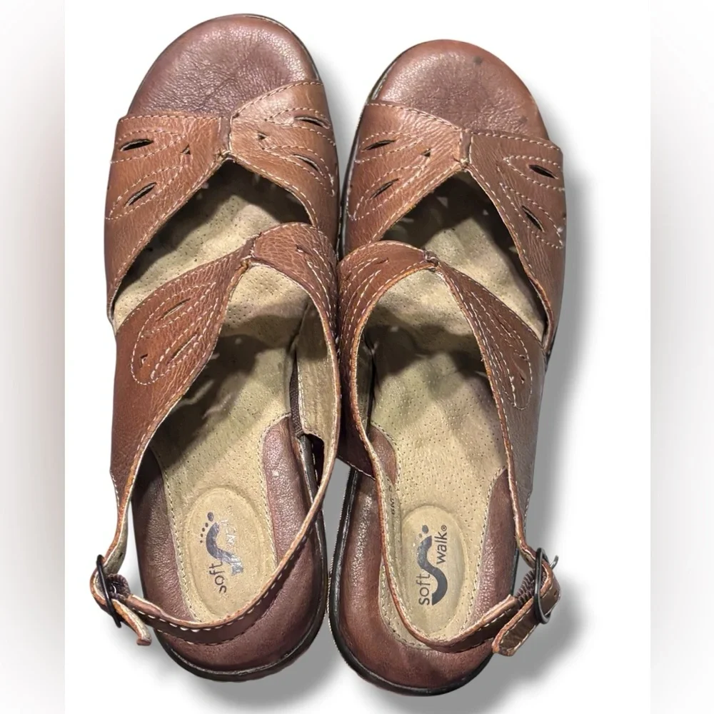 SOFTWALK Melo Brown Perforated Leather Wedge Slingback Sandals Size 8
